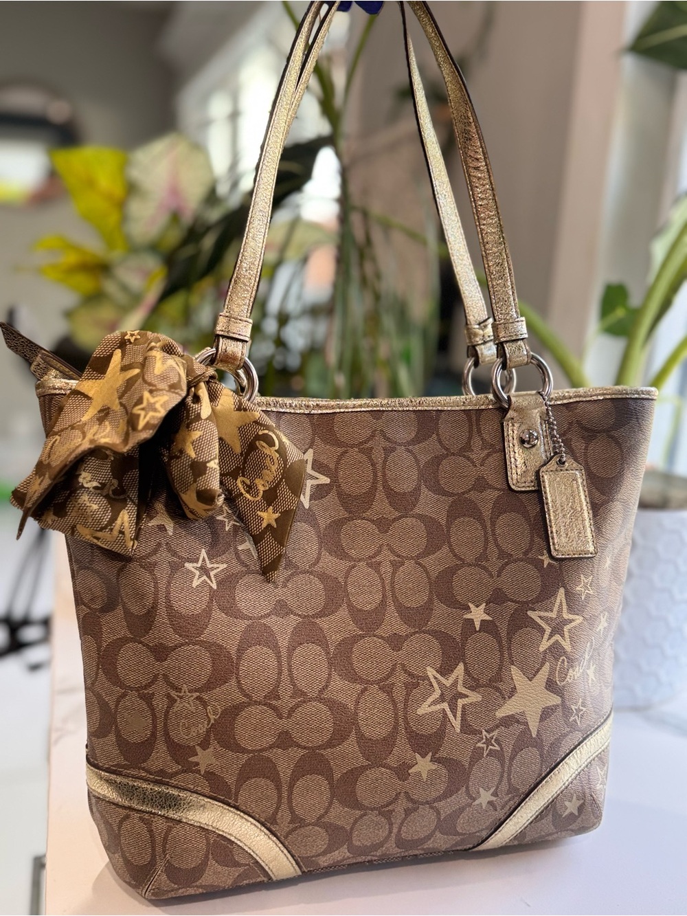 Coach Signature Star Tote in Brown and Gold + Coach Scarf Twilly